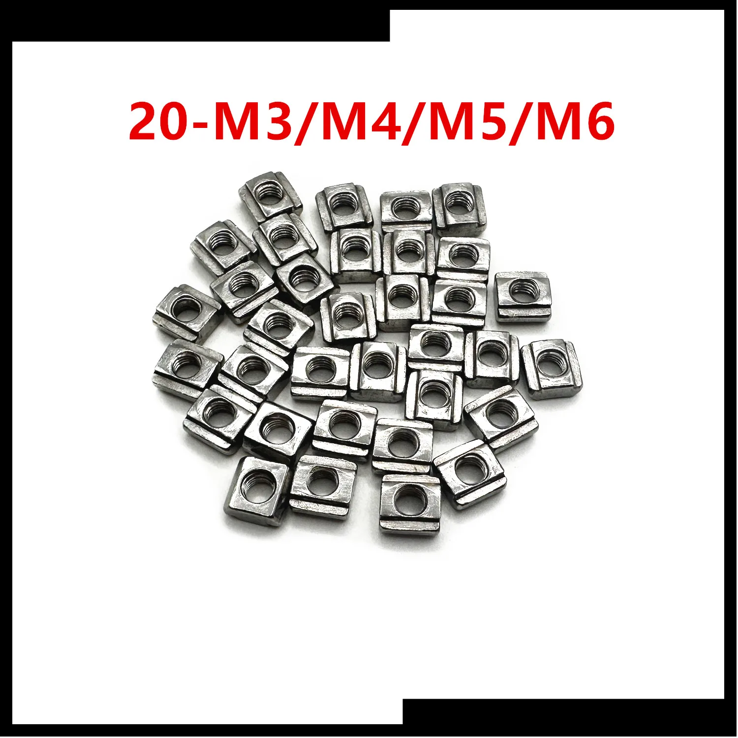 100pcs 20- M3 M4 M5 M6 304 Stainless Steel Block Square T Sliding Nuts Slot 6mm for 2020 Aluminum Profile Connector