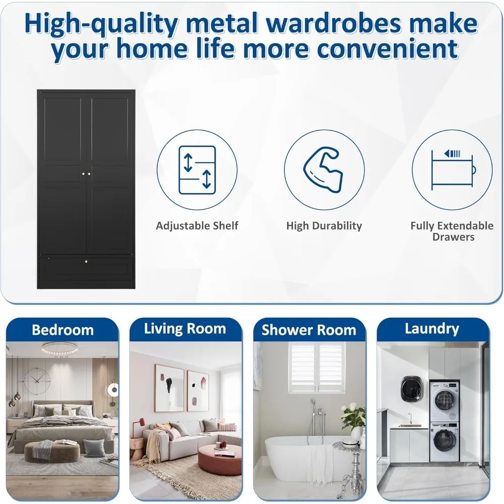 خزانة ملابس من Armoir، بابين، 72 بوصة، أدراج خزانة معلقة، خزانة معدنية، غلاف قابل للتعديل #6