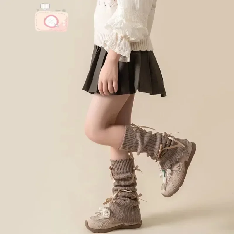 1Pair Sweet Girl Socks with Autumn and Winter Bows Stacked Socks Long Tube Full of Bows Ballet Style Knitted Calf Sleeves