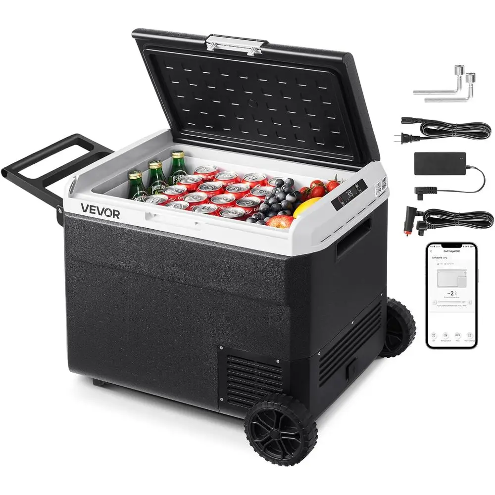 

12 Car Rerirator, 63.4QT/60L Car rid, Portale Electric Cooler witWeels and andle, -4℉~68℉, 12/24V DC and 100-240V AC Compror ree
