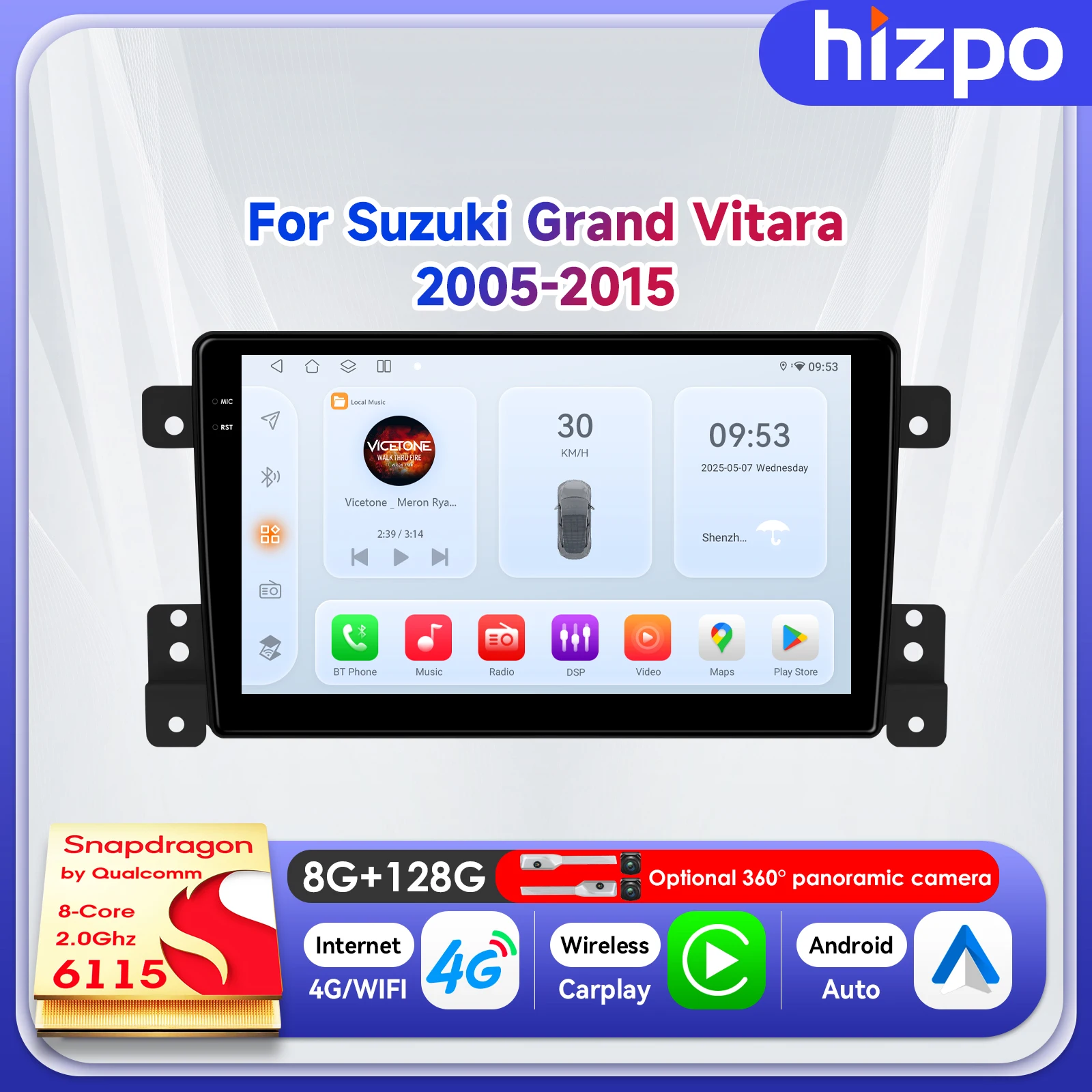 

Автомагнитола Hizpo 9" Smart Monitor Android Auto для Suzuki Grand Vitara 3 2005-2010, 2011-2015, с сенсорным экраном, 4G, 8+128 ГБ
