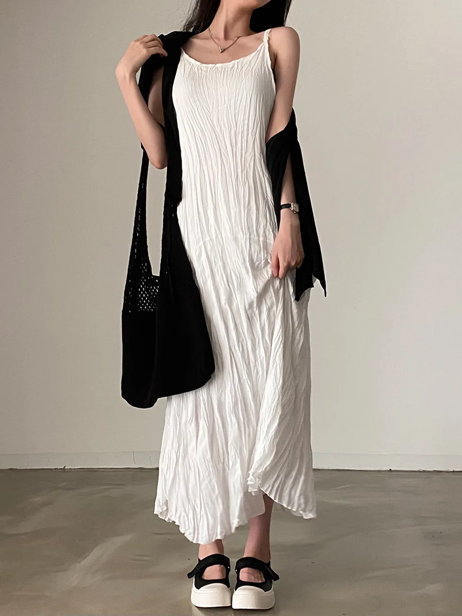 Chic Summer Sleeveless Gown with Pleated Design round Neck Simple Style Long Dress Korean Style Casual Dress for Women