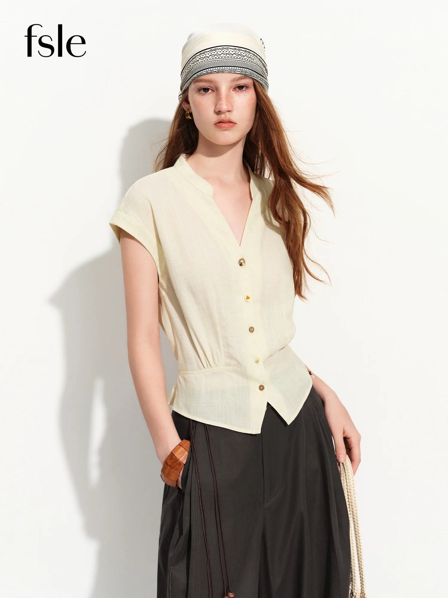 FSLE 2026 Summer Women's Linen V-Neck Cap Sleeve Blouse with Plaid Print and Waist-Defining Fit - Casual Style for Daily Wear