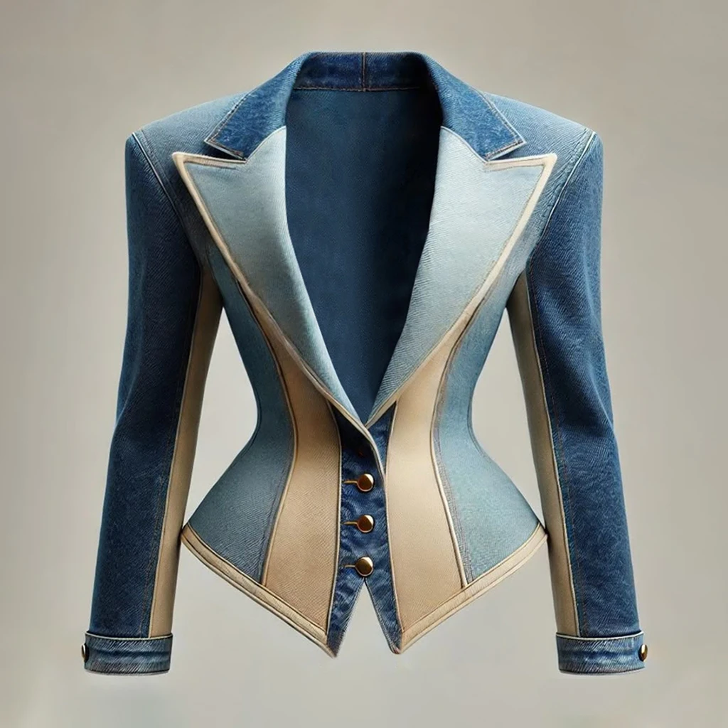 

Однобортный джинсовый пиджак с пиковыми лацканами в стиле пэчворк для женщин, элегантный цветной блейзер, зима-осень, винтажная повседневная верхняя одежда