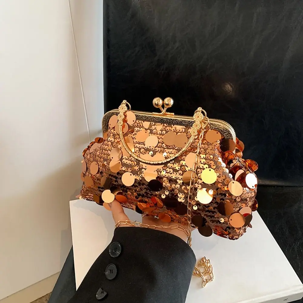 

Casual Shiny Evening Banquet Bag Glitter Lock Buckle Chain Crossbody Bag with Round Handle Single Shoulder Shell Bag Wedding