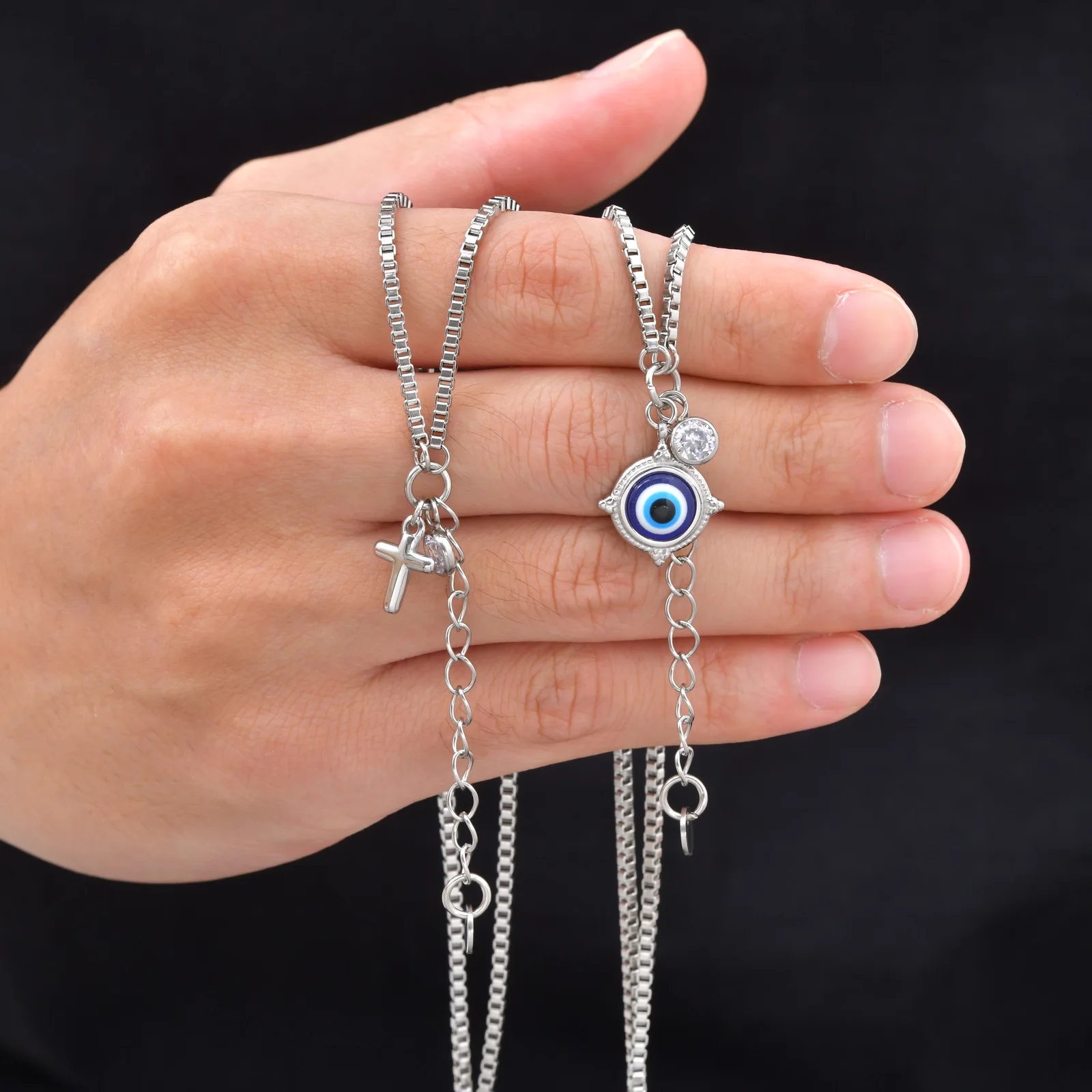 Vnox Evil Eye Cross Charm Bracelet for Men Women, Stainless Steel Box Chain Adjustable Amulet Birthday Party Jewelry Present