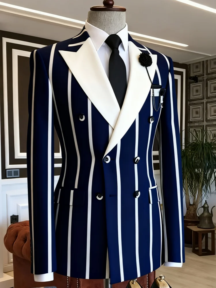 Men White Trim Peak‑Lapel Double‑Breasted Vertical‑Stripe Formal Party Blazer