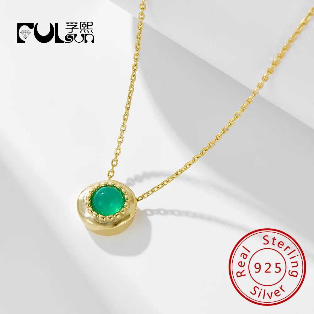 

Fashion 925 Sterling Silver 14k gold plated Nature Green Agate Zircon Pendant Chain Necklace for women Gift