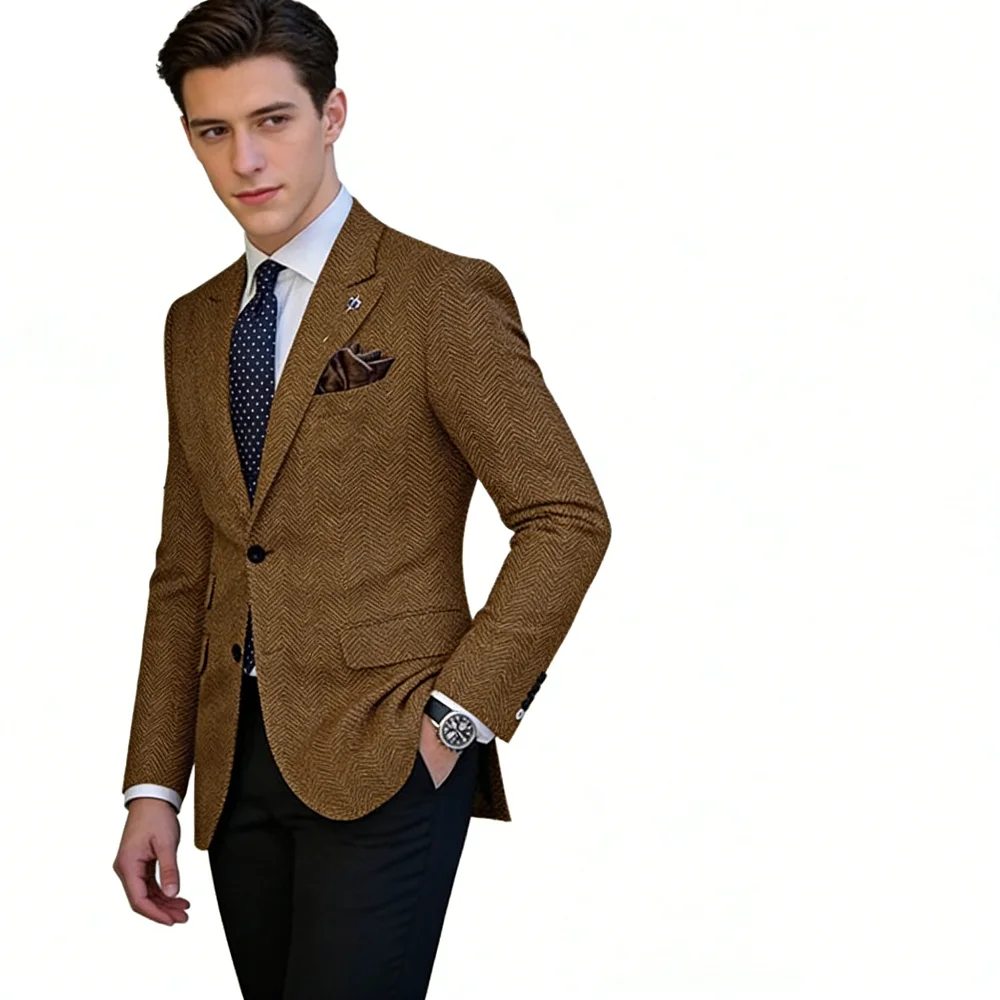 

Мужской блейзер из твидовой шерсти с узором «рыбья кость», однобортный, для осени-зимы, для деловых встреч, свадеб и балов