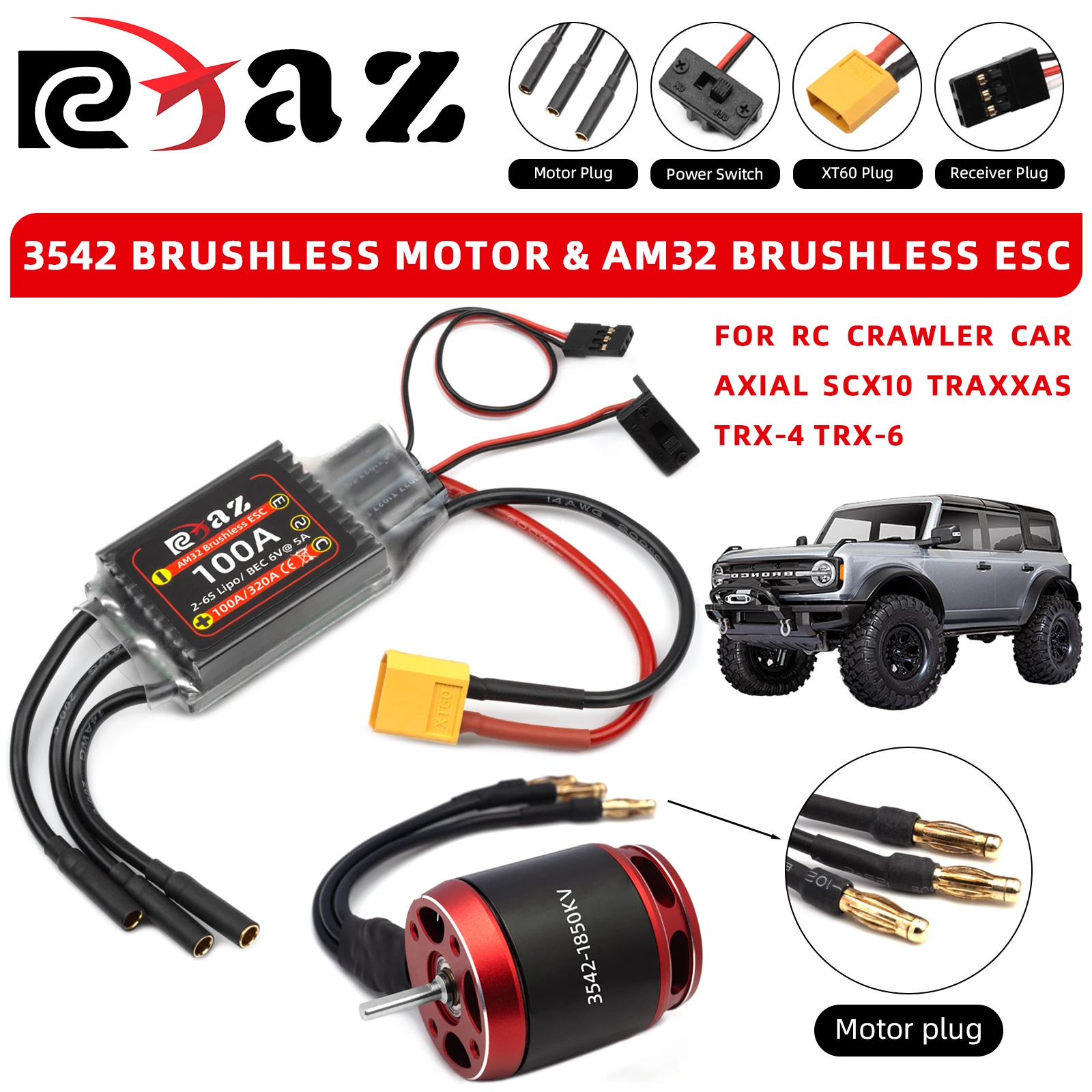 

RCXAZ RC Бесщеточный комбинированный двигатель AM32 100A ESC 3542 1850/2250KV для радиоуправляемого гусеничного автомобиля AXIAL SCX10 90046 TRAXXAS TRX4 RC4WD
