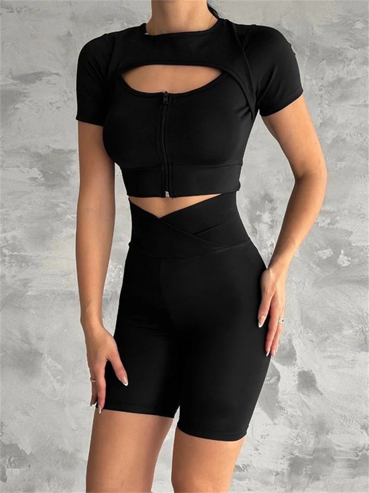 Tossy Hollow Out Contrast Patchwork 2 Piece-Set Shorts Tracksuit Women Slim Short Sleeve Pullover And High Waist Shorts Outfits