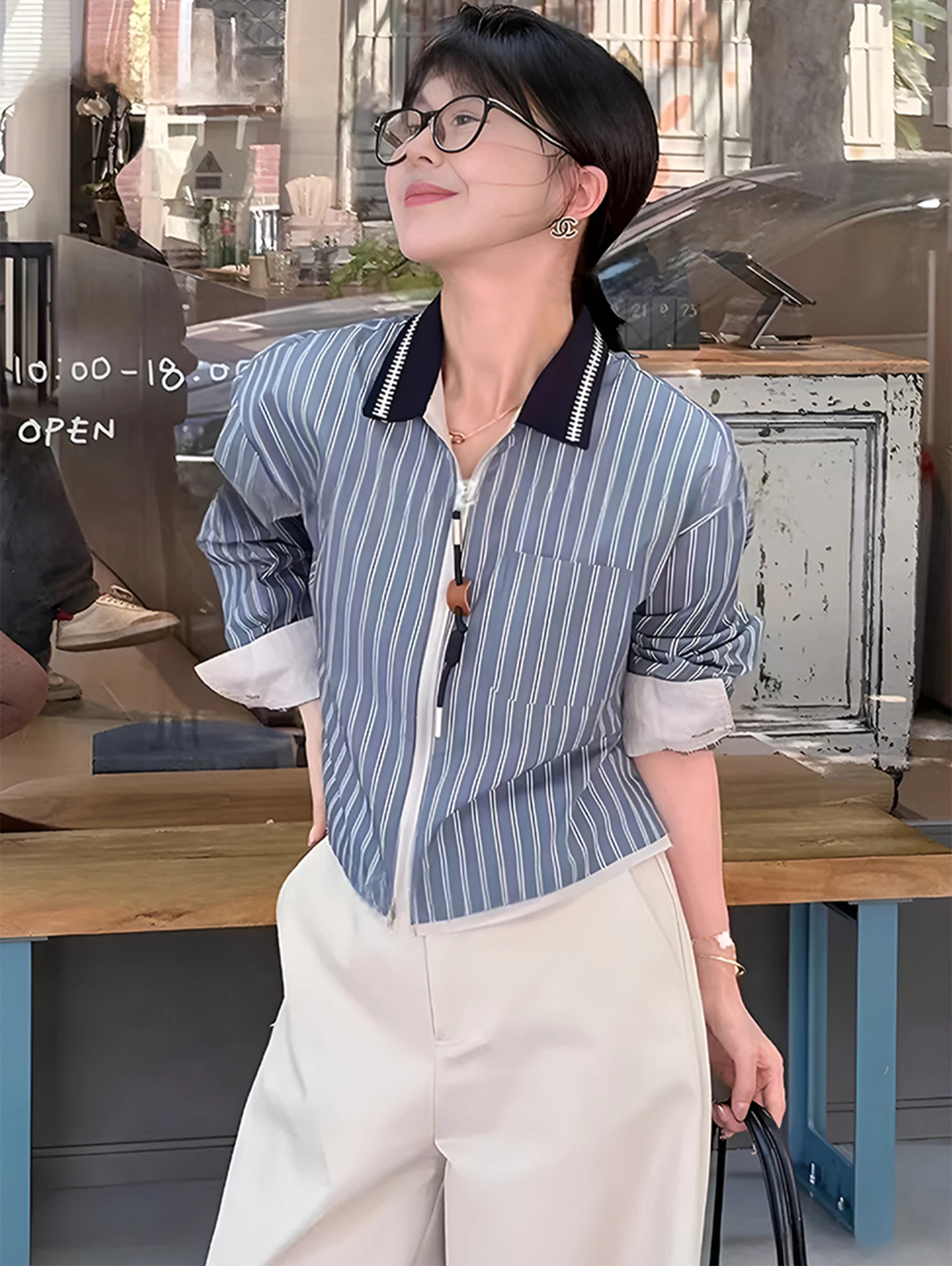 

Женская рубашка Ele Color Blo синяя в полоску с длинным рукавом, свободного кроя, удобная, дышащая, повседневная, деловая, топ