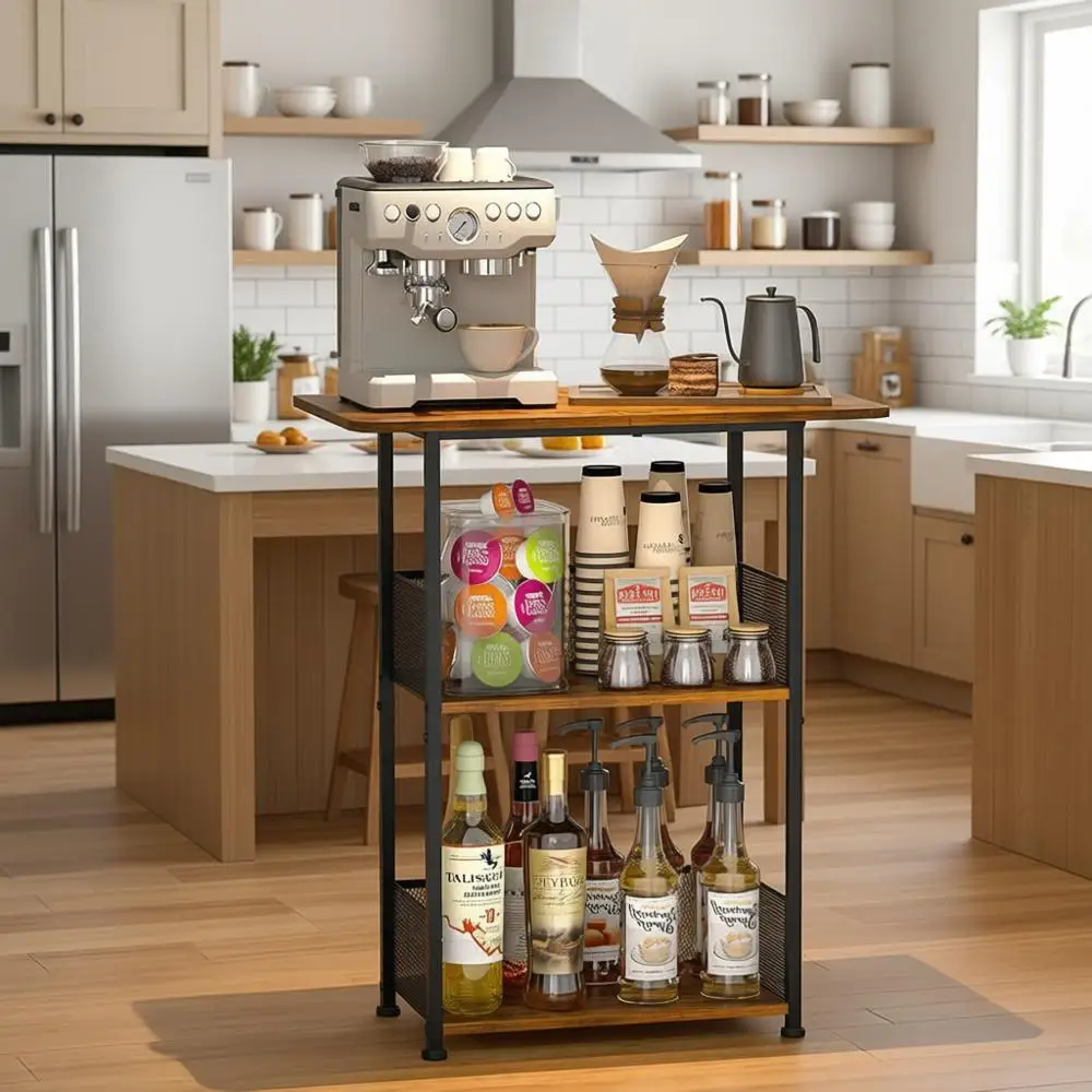 

3-Tier Espresso Coffee Bar Shelf, Compact Coffee Table, Living & Dining Room Furniture, Coffee Maker in Brown & Black