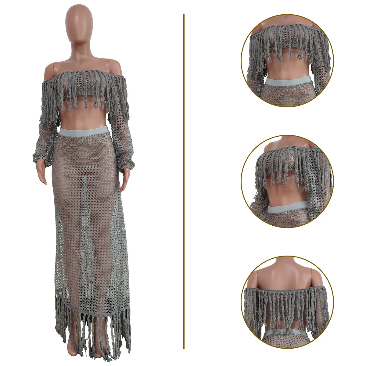 Sexy Bikini Cover-ups Set See-through Long Sleeve Crop Tops Floor-length Skirt Two Piece Swimwear Beach Women Suit