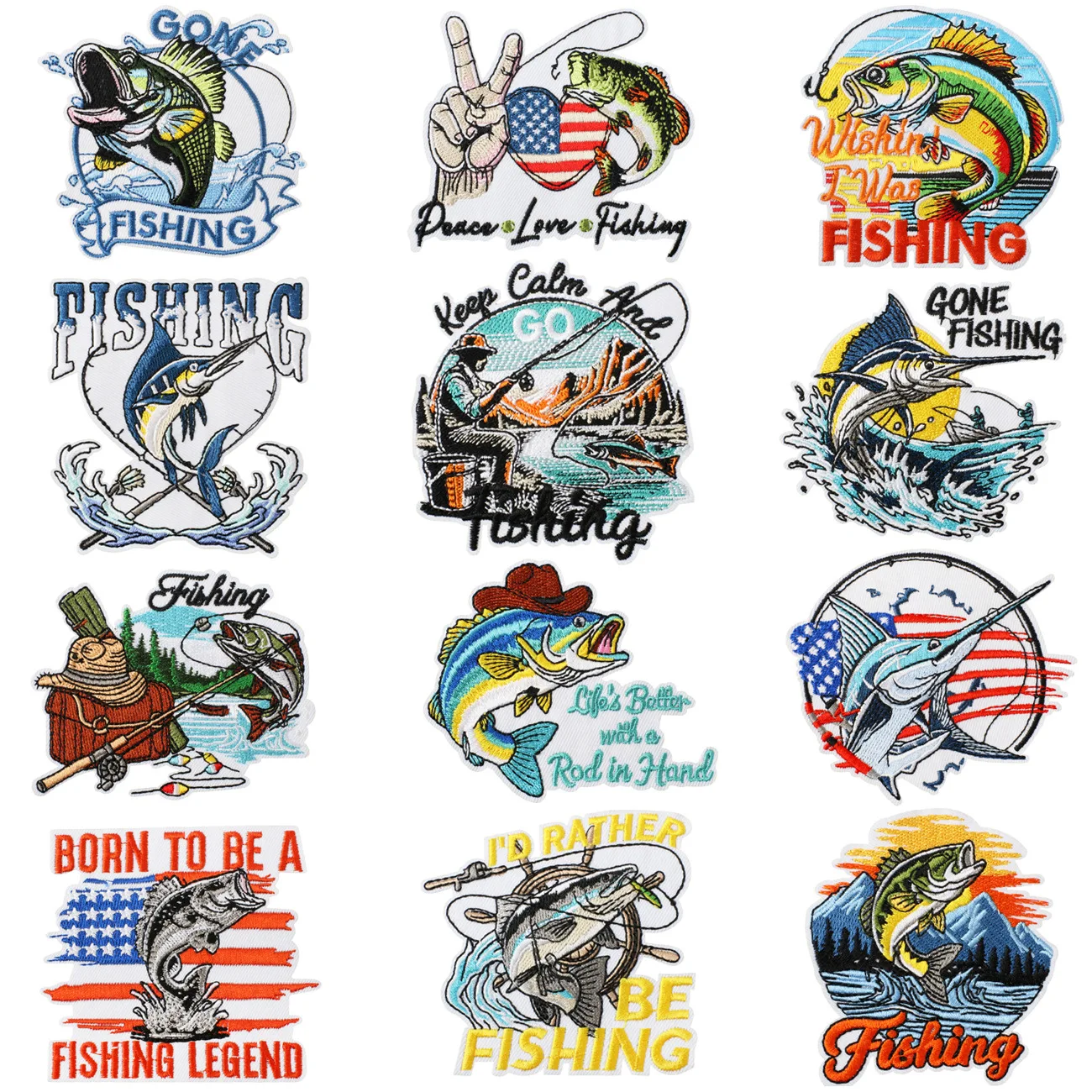1PCS American Retro Fishing Embroidery Cloth Patches Denim Jacket Backpack Ironing on Floating Wave Decoration Hole Patch Patch