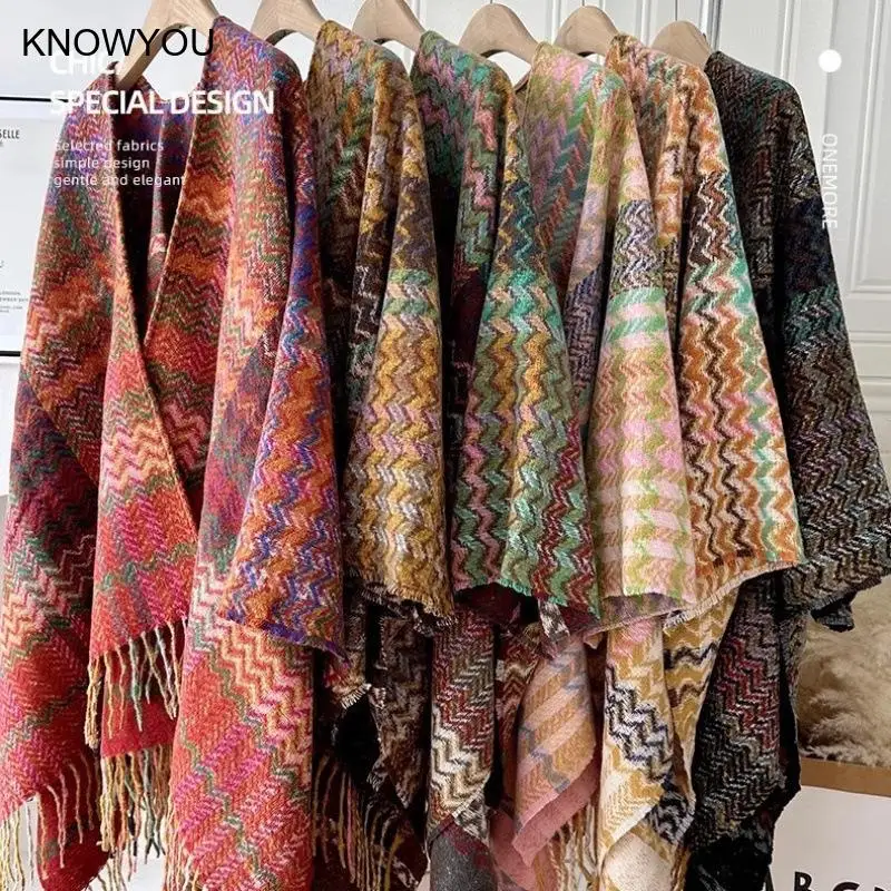 2025 New Wrap Women Warm Imitation Cashmere Shawl Split Cape Soft Shawl Pashmina Winter Autumn Outwear Thicken Blanket Ponchos