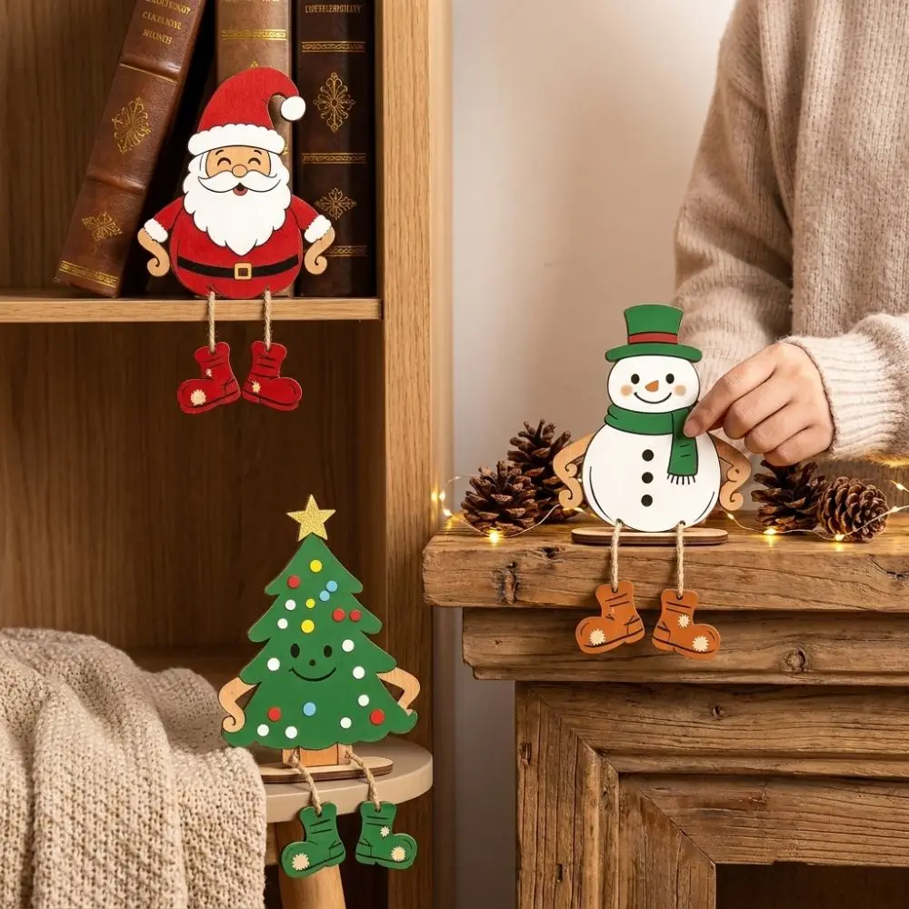 3Pcs Self Standing Santa Snowman Tree Ornament Handmade Craft Cartoon Style Dangling Leg Wood Figurine Stable Base Rustic