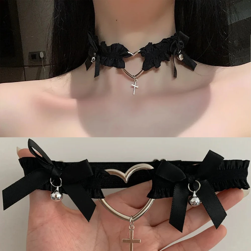 NeSexy Lace Bow Necklace Garter Punk Hollow Heart Cross Choker Leg Ring Strap Elastic Garters Gothic Bondage Lingerie Leg Ring