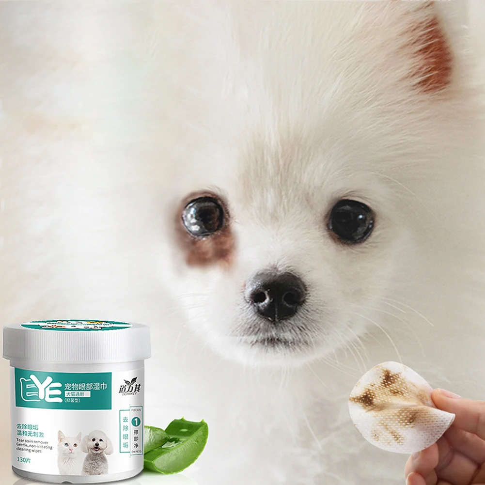 130 Count Dog Eye Wipes Eye Wash Pads All-Natural Cat Dog Eye Cleaner Aloe Vera Pet Wipes Removes Dirt Discharge for Dogs Cats