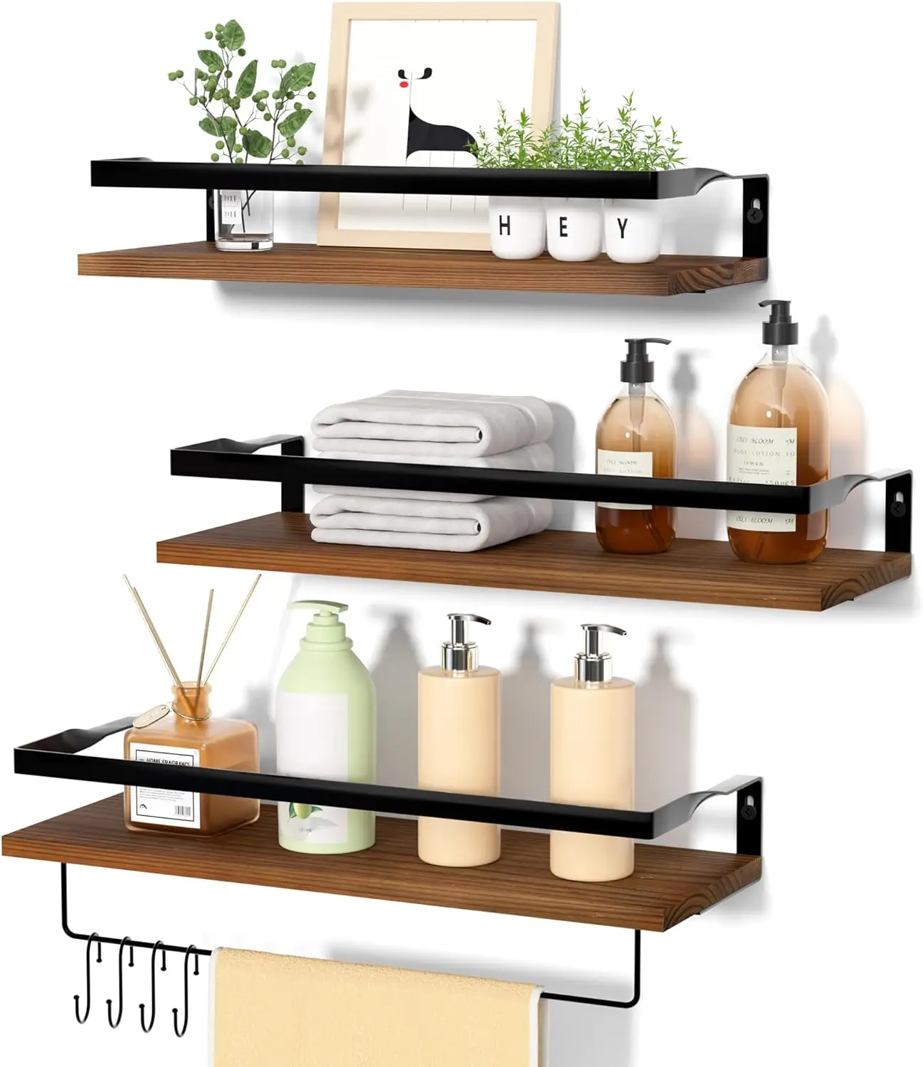 

Bathroom Floating Shelves Wall Mounted Shelving With Removable Towel Bar, Wall Decor And Organizer For Bathroom Dark Brown