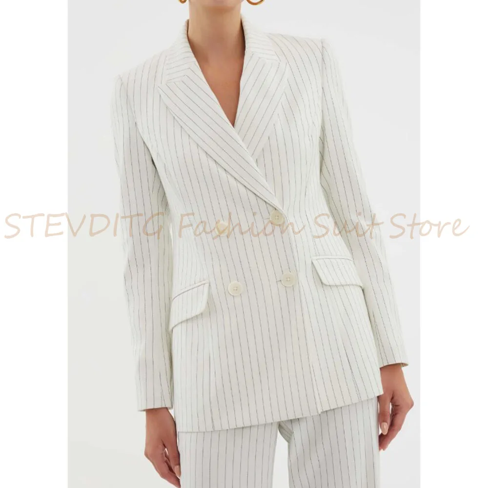 الصيف الأبيض مخطط المرأة البدلة مزدوجة الصدر 2 قطعة سترة السراويل السترة مجموعة أنيقة الذكية مكتب رسمي سيدة الملابس النسائية