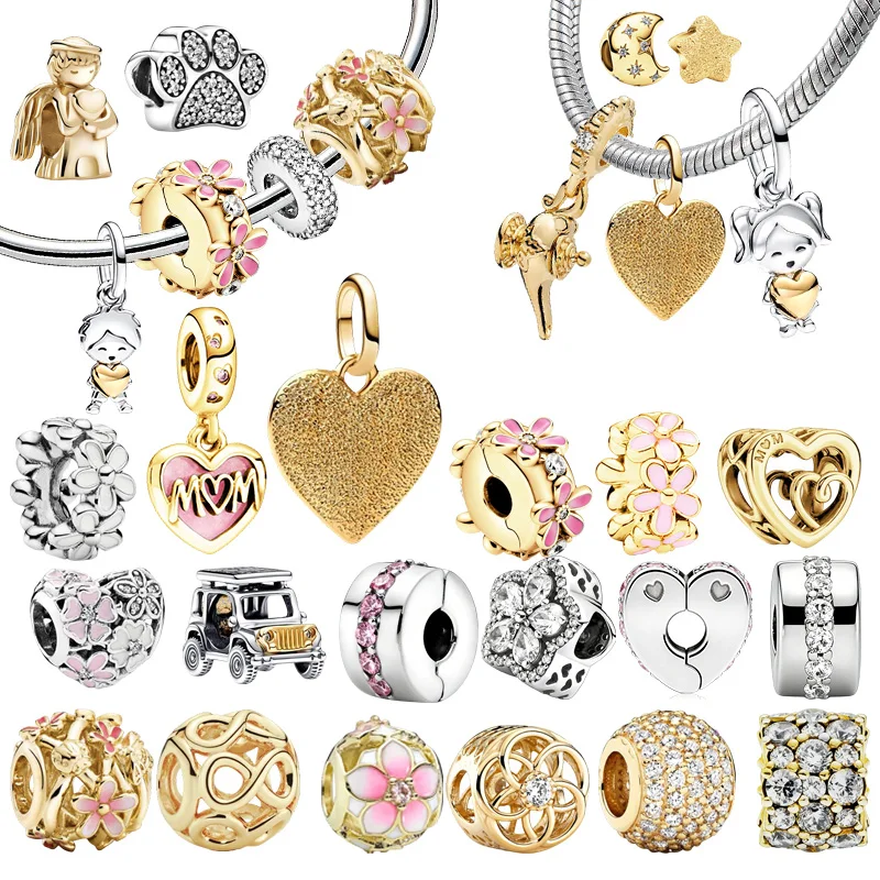 New Original Charm Beads,Golden Series Special Topic & White Daisy Flower Spacer  Bead Fit Pendant Bracelet Women Jewelry Gift