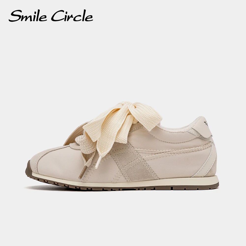 Smile Circle Sneakers Women Suede Leather Round-toe Lace-up Flat Shoes Fashion Casual Sneakers