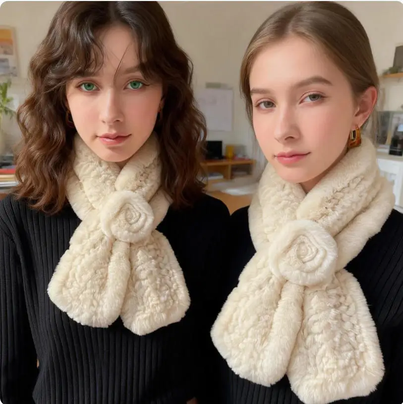

New Russia Winter Women's Real Rex Rabbit Fur Scarf Neck Warmer 100% Knitted Fluffy Muffler for Ladies