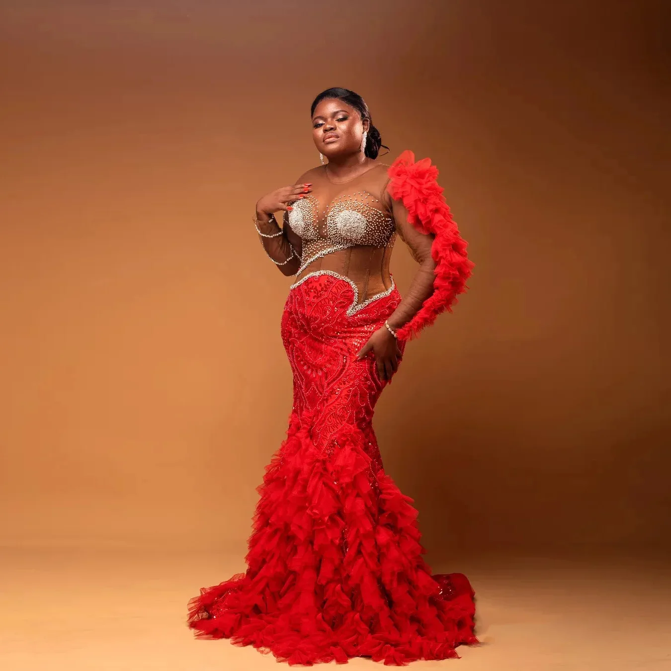فستان سهرة أحمر ترتر بطبقات وأكمام طويلة حورية البحر مزين بحفلات أكمام شبكية شفافة مطرز بالخرز فساتين لحضور الحفلات الموسيقية الفاخرة #3
