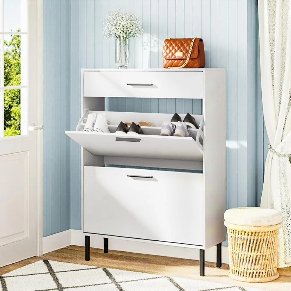 

Shoe Storage Cabinet - Slim Shoe Cabinet with 2 Flip Drawers White Shoe Organizer Cabinet for Entryway & Front Door Entra