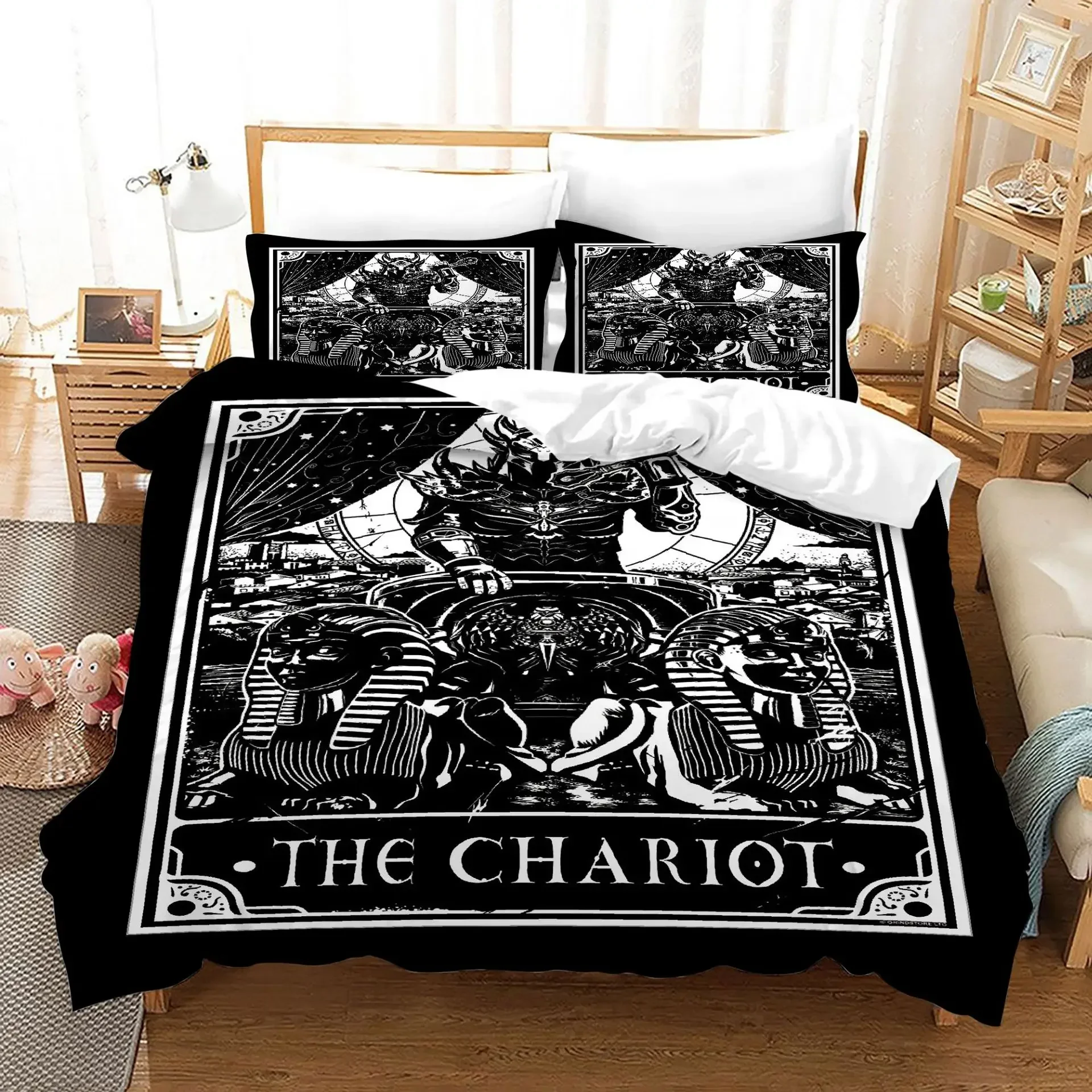 Tarot Cards Polyester Duvet Cover Set King Size Sun Black White Witch Wicca Fortune Telling Element for Boys Girl Bedding Set