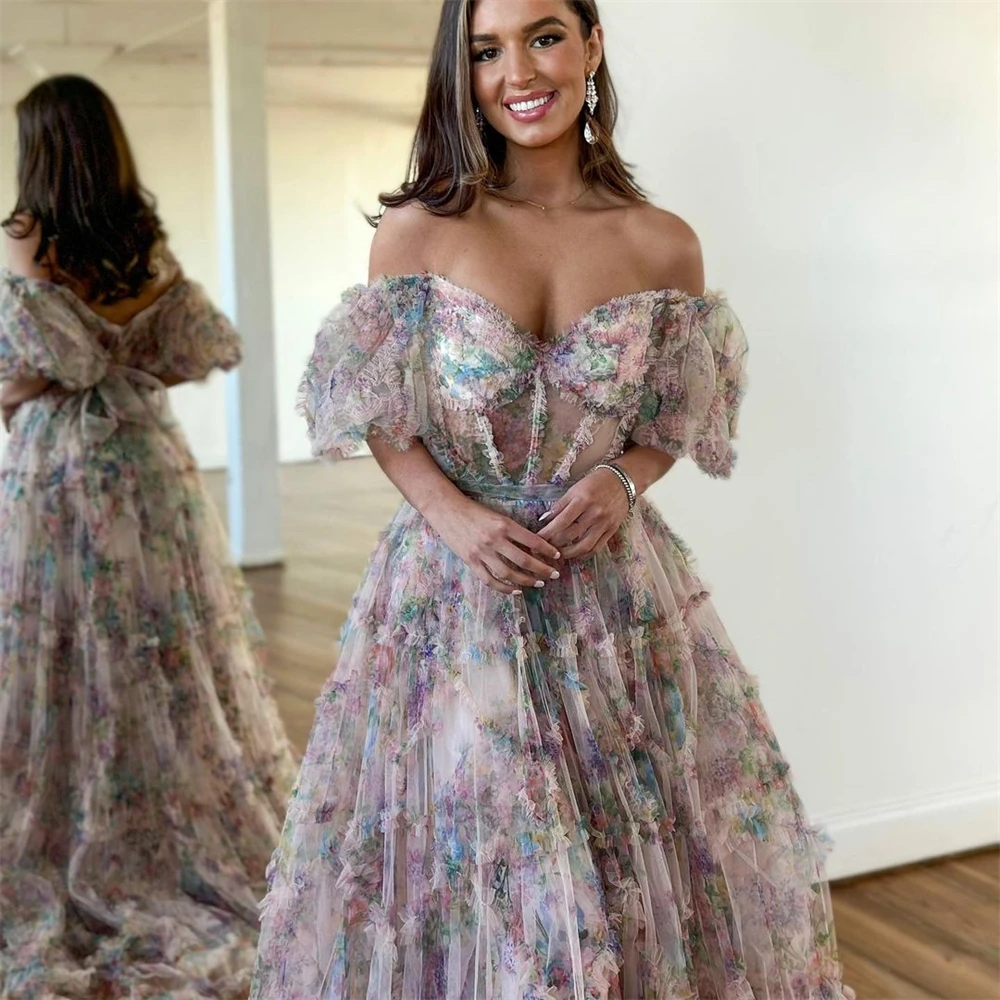 Customized  Sexy Casual  Evening Tulle Draped Pleat Ruched Evening A-line Off-the-shoulder Bespoke Occasion Gown Long Dresses