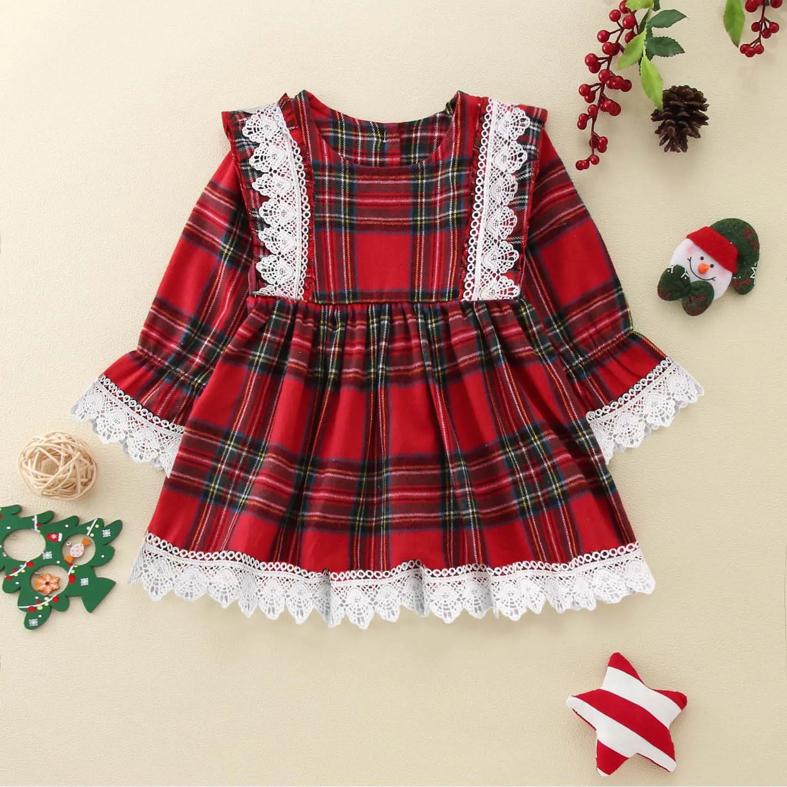 Moda Natale Abiti per bambini Ragazze del bambino Natale Manica lunga Pizzo Stampe scozzesi Abito da principessa Xmas дет anale одеж Б
