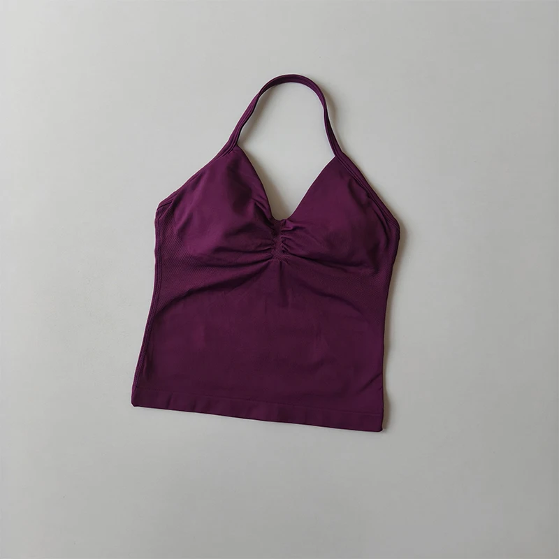Lange, trägerlose, nahtlose Yoga-Tanktops mit gerafftem Rücken, ärmellose Fitness-Shirts mit integriertem BH, Sportbekleidung. – Detail 13
