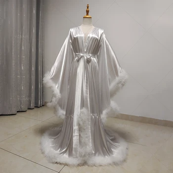Robe Personnalisée pour Femmes, Manches Évasées, Plumes, Patients, Chemise de Nuit, InjSatin, ixde Mariage, IQUE Gown, Photographie