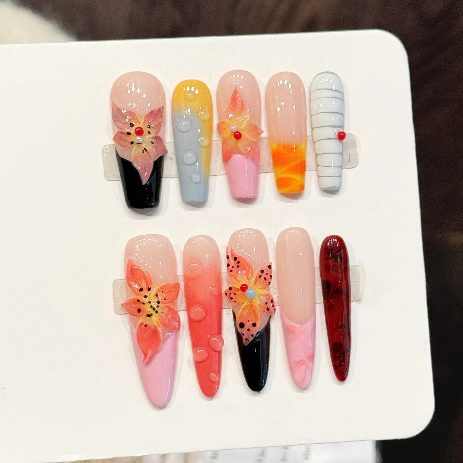 

10pcs Handmade Press On Nails 3D Water Drop Flowers Gradient False Nails Sweet Spicy Girls Island Style Design Fake Manicure Art