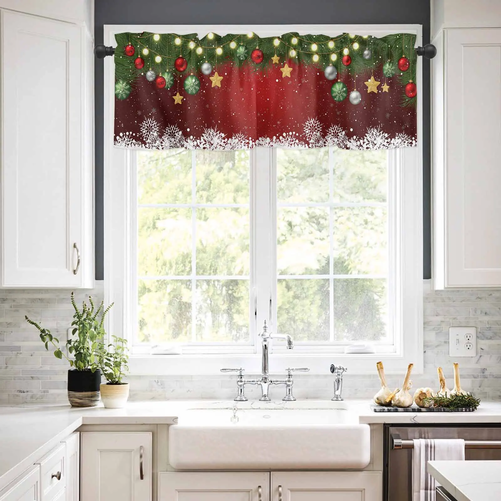 

1PCS Kitchen Short Curtain Valance Modern Snowflake Pine Branch Strip Rod Pocket Window Home Decoration