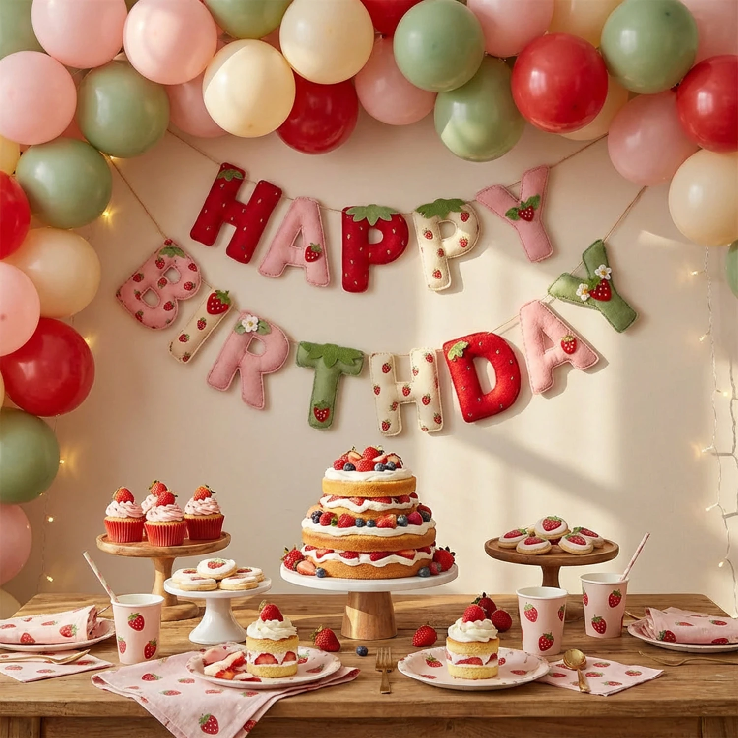2D Filz-Erdbeer-Themen-Geburtstagsbanner-Dekoration Süße Babyparty Hochzeitsgeschenke Ohne 3D-Füllmaterial – Detail 1