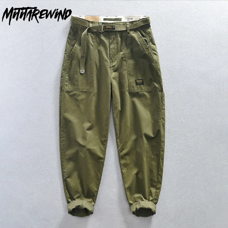 

Весенне-летние брюки-карго, мужские прямые брюки из чистого хлопка с поясом, японские рабочие брюки, модные повседневные мешковатые брюки, молодежные