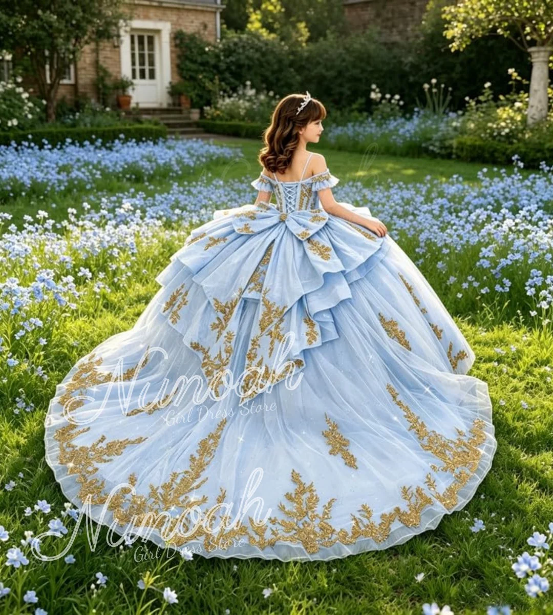 Luxury Blue Flower Girl Dresses for Wedding with Trail Gold Lace Appliques Kids Birthday Party First Communion Gowns Customized
