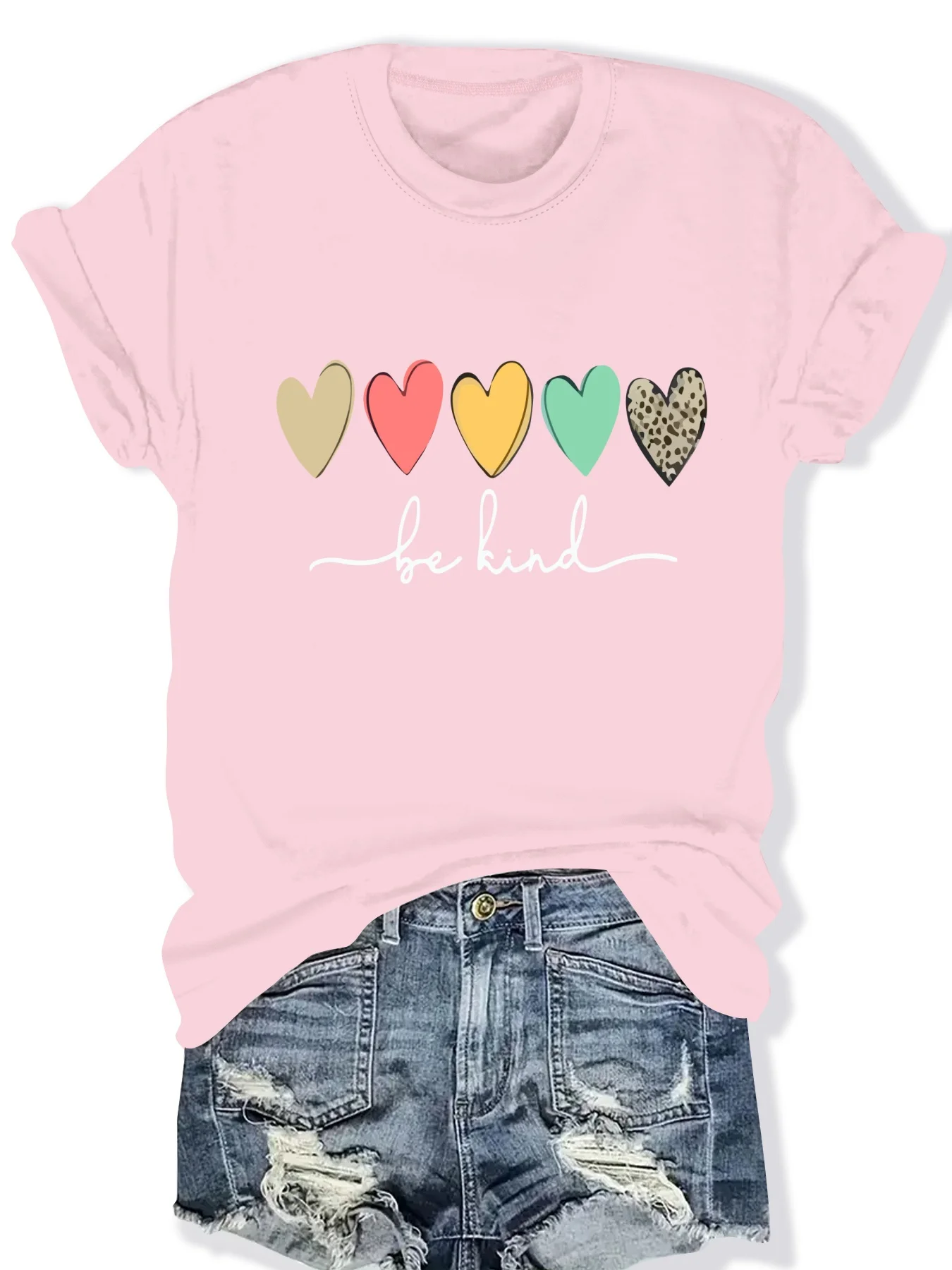 

Модная женская футболка с круглым вырезом и коротким рукавом с принтом в виде сердечек, стильный повседневный топ для женщин