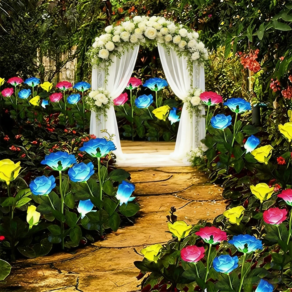 5 Head Wedding Birthday Decoration Flowers LED Solar Simulation Rose Flower Solar LED Light Garden Yard Lawn Night Landscape