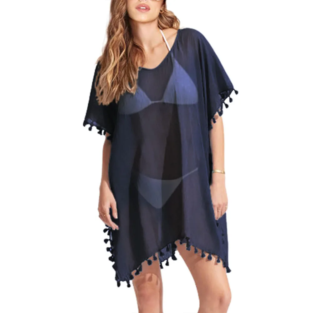 2024 Zomer Vrouwen Chiffon Kwastje Badpak Strand Cover Up Losse V-Hals Zomer Bikini Jurk Voor Badmode