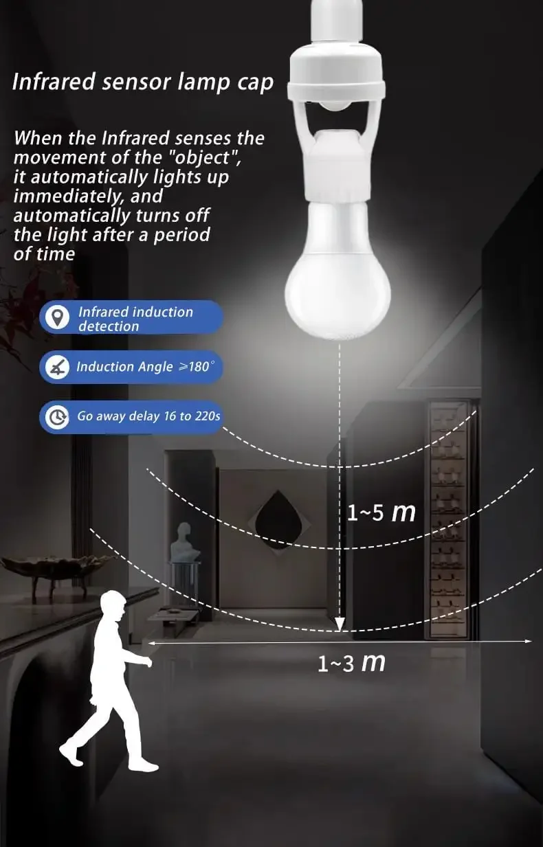 Motion Sensor Light Socket Smart Screw in Light Bulb E27 Motion Activated Light Bulb Holder Adapter Control for Garage Storage