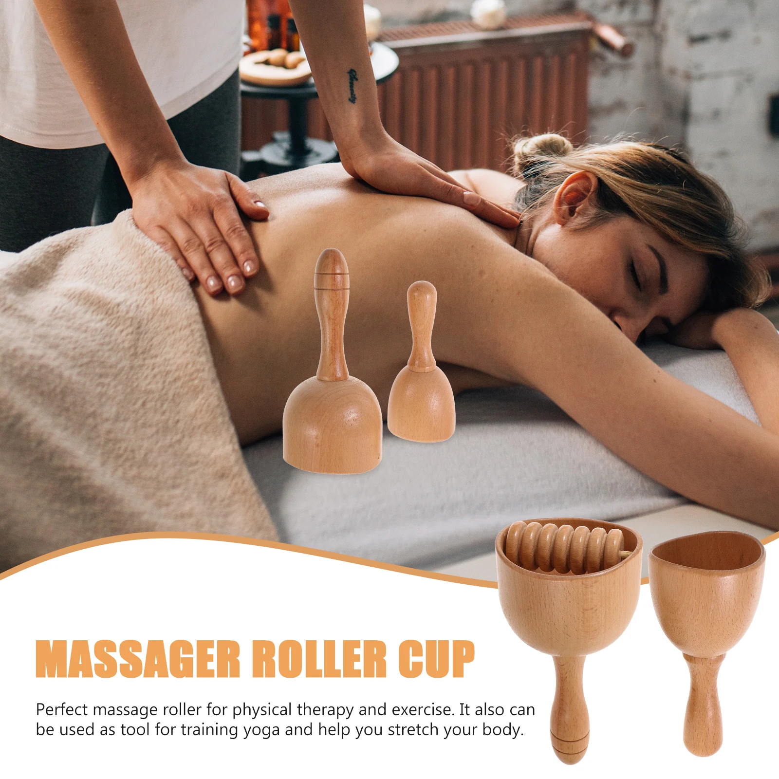 

2pcs Wooden Handheld Massage Cup Ergonomic Back Body Muscle Roller Tool Large Scraping Range Lightweight for Neck