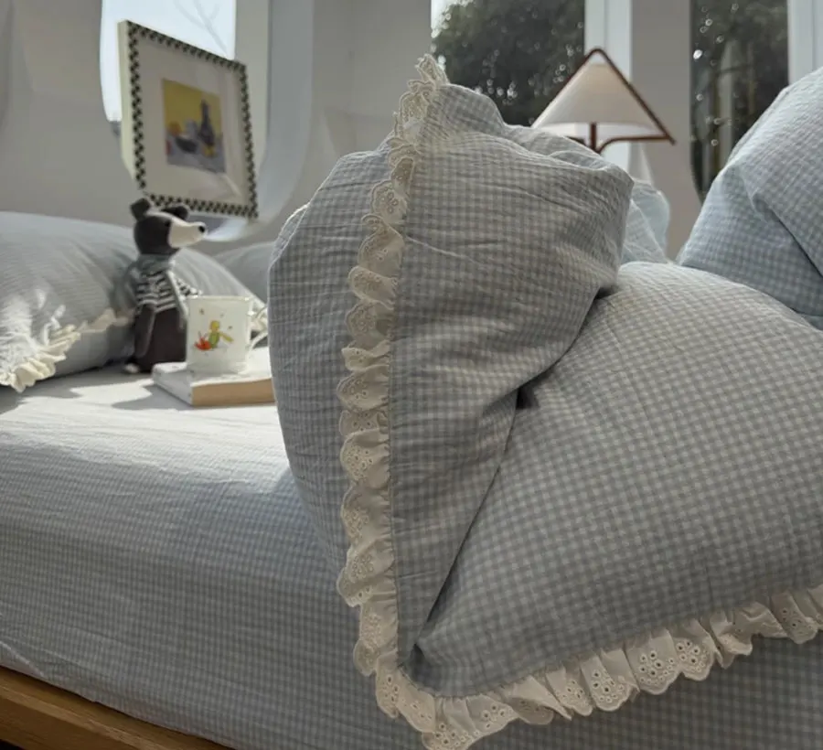 

Sweet cute blue plaid bedding set,twin full queen king fairyfair lace checked cotton home textile sheet pillow case quilt cover