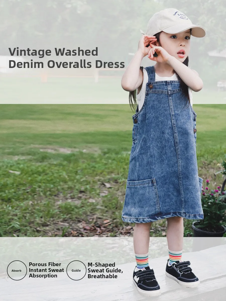 Outdoor Girls Denim Dress with Straps Summer New Style Children's Fashionable Workwear Cotton Fabric Medium Waist Length
