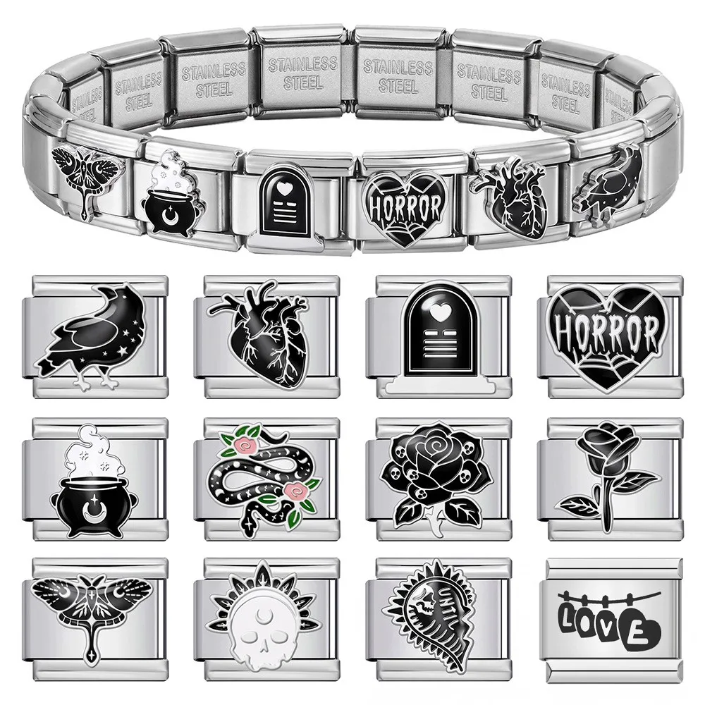 Goth 9mm Stainless Steel Italian Charm Black Rose Snake Raven Skull Tombstone DIY Link Bracelet Gift For Women Female Accessory