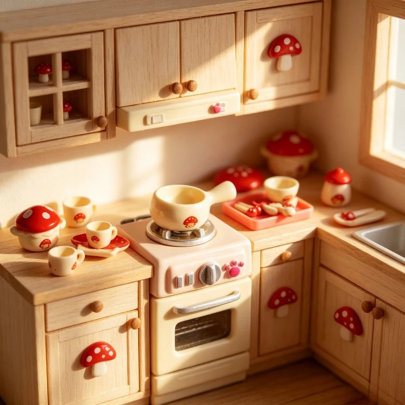 Miniature Mushroom Kitchen Cookware Resin Ornament Dollhouse Accessories Set DIY Micro Landscape Decor Tiny Pot Cup Spoon Charm