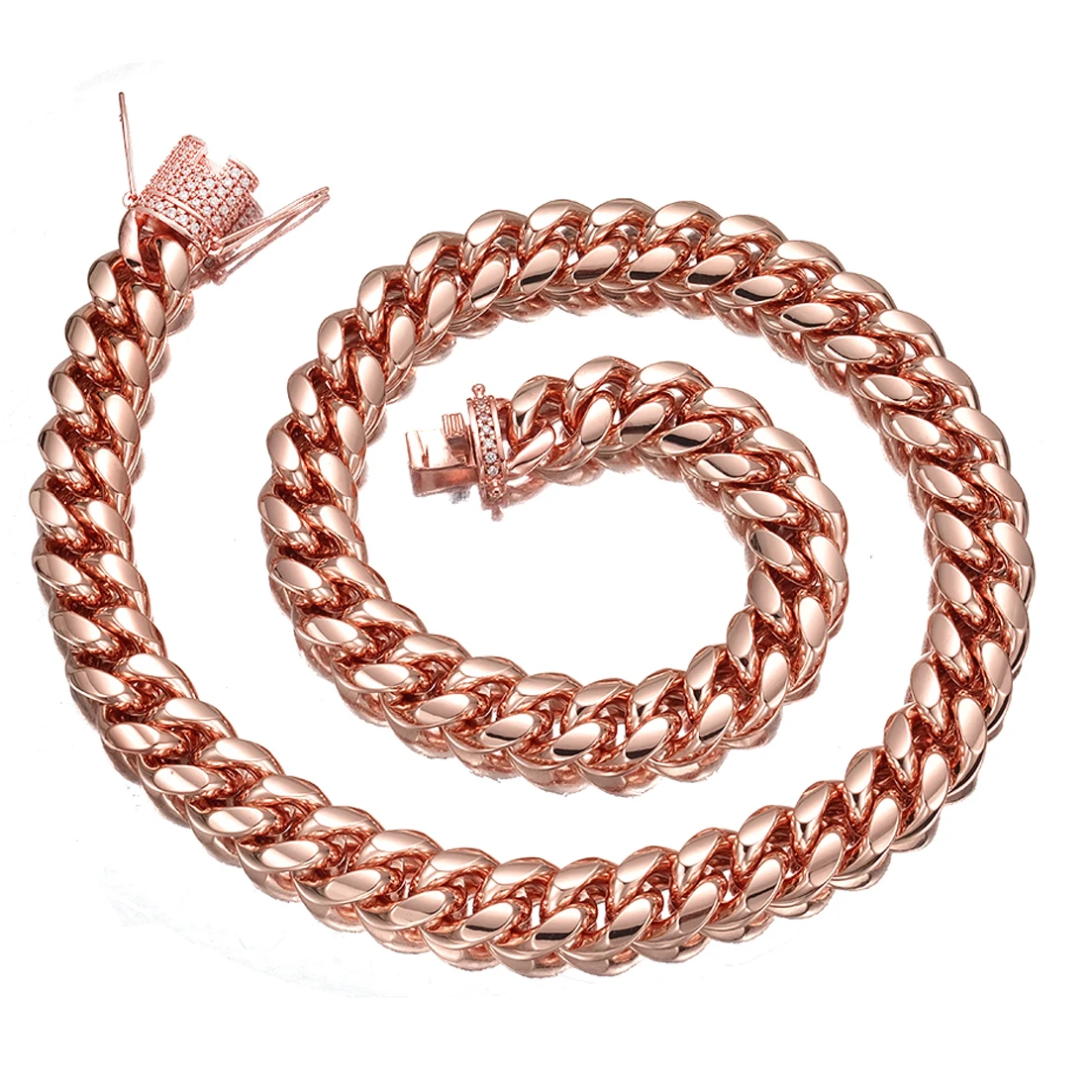 Granny Chic Curb Cuban Link Chain Necklace for Men Women, Rose Gold Tone Stainless Steel Jewelry with Bling CZ Clasp, 10mm/14mm